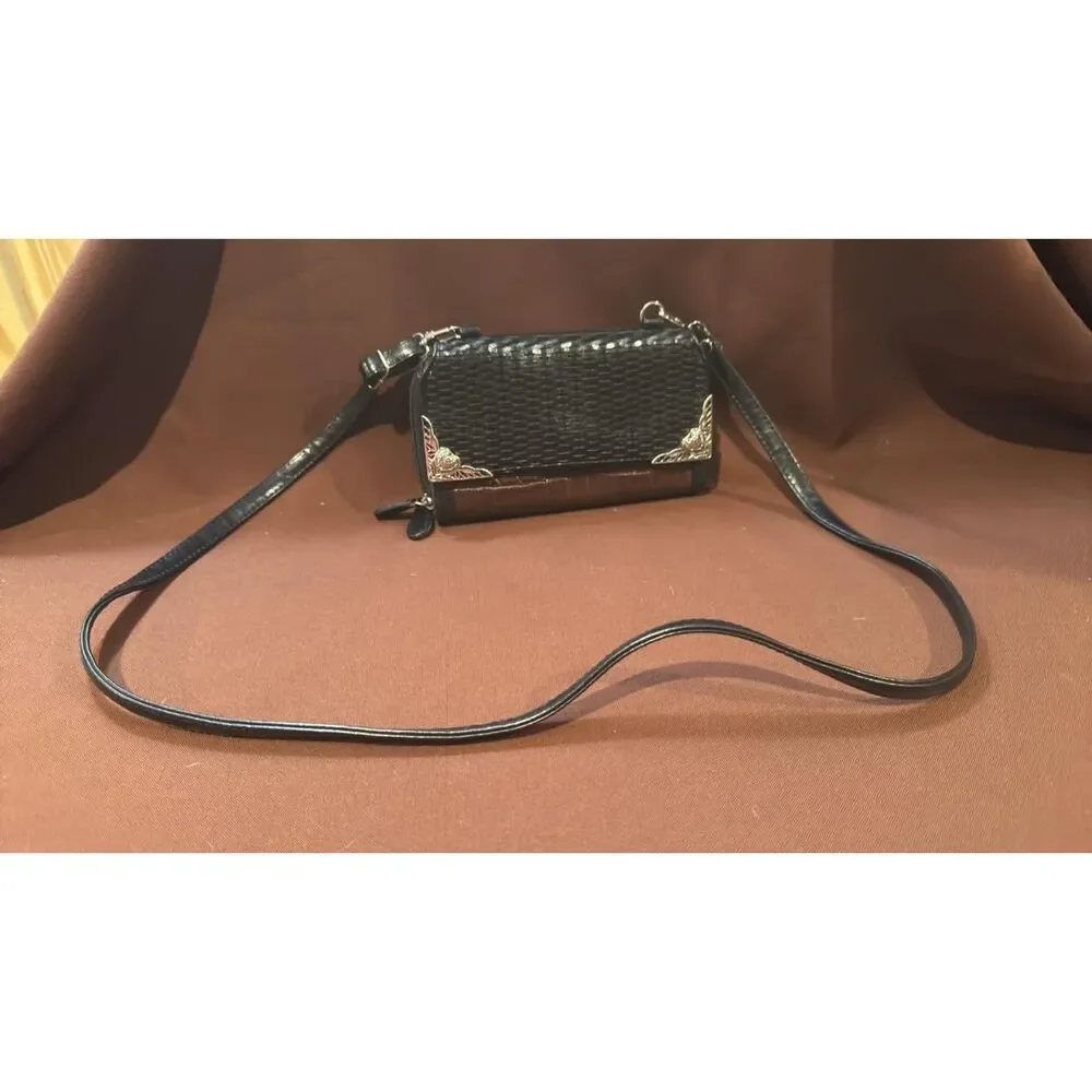 Fashion Crossbody Double Zippered Black & Brown Wallet Carry All Handbag